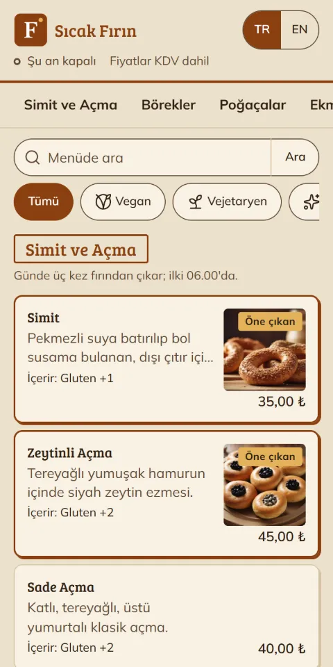 Sıcak Fırın menüsünün 390 px ekran görüntüsü