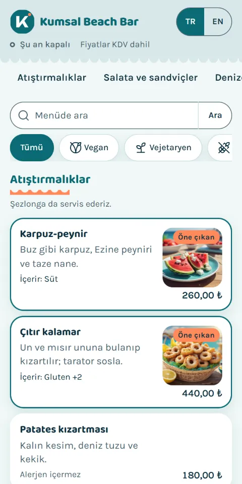 Kumsal Beach Bar menüsünün 390 px ekran görüntüsü