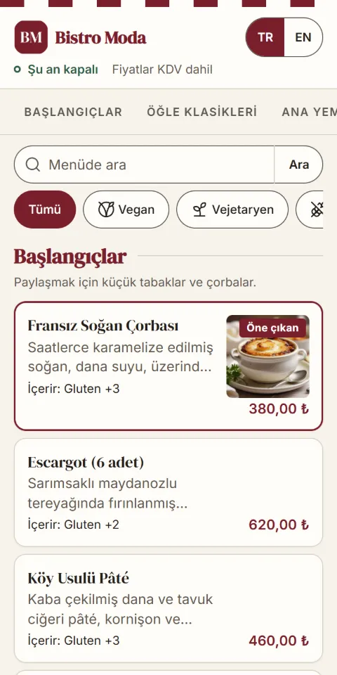 Bistro Moda menüsünün 390 px ekran görüntüsü