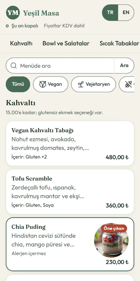 Yeşil Masa menüsünün 390 px ekran görüntüsü