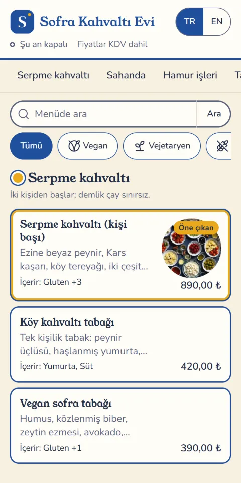 Sofra Kahvaltı Evi menüsünün 390 px ekran görüntüsü