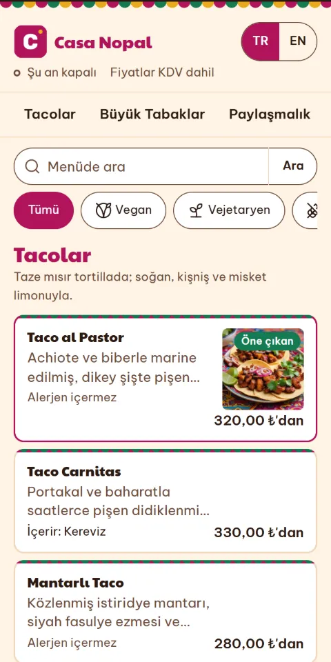 Casa Nopal menüsünün 390 px ekran görüntüsü
