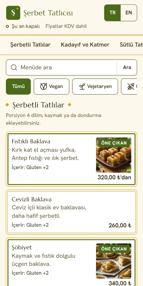 Şerbet Tatlıcısı menüsünün 390 px ekran görüntüsü