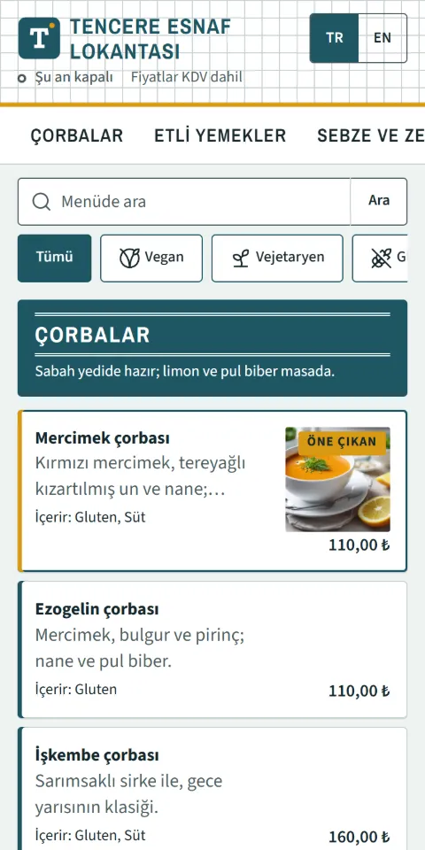 Tencere Esnaf Lokantası menüsünün 390 px ekran görüntüsü
