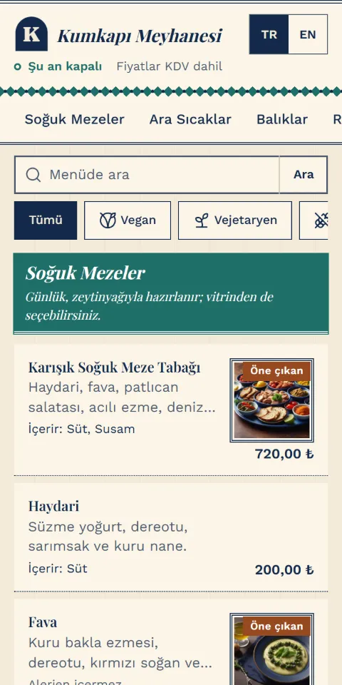 Kumkapı Meyhanesi menüsünün 390 px ekran görüntüsü