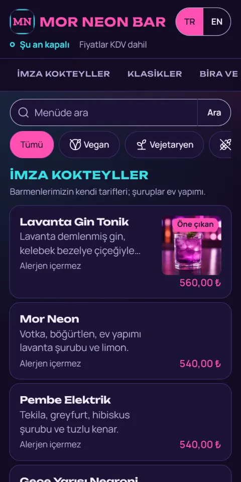 Mor Neon Bar menüsünün 390 px ekran görüntüsü