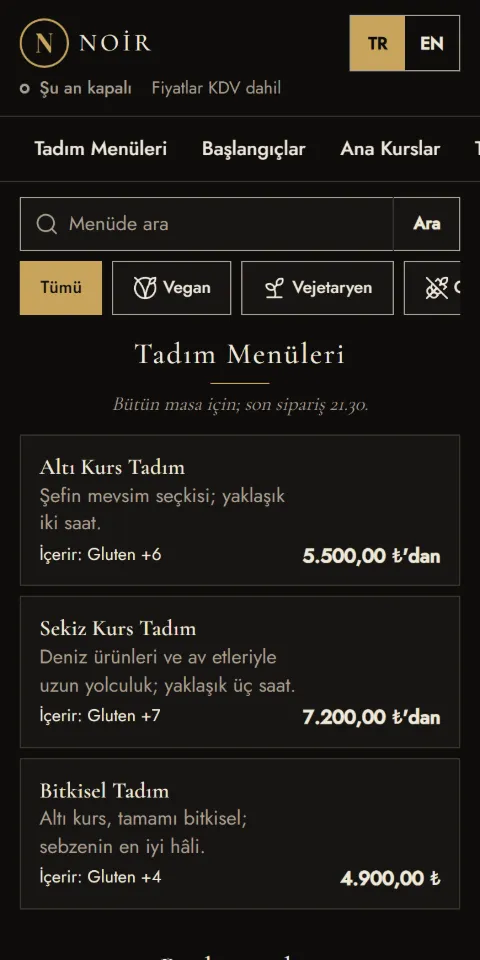 Noir menüsünün 390 px ekran görüntüsü