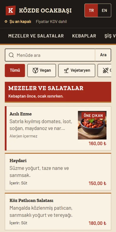 Közde Ocakbaşı menüsünün 390 px ekran görüntüsü