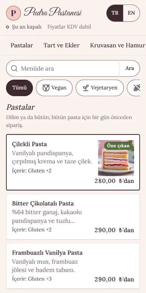 Pudra Pastanesi menüsünün 390 px ekran görüntüsü