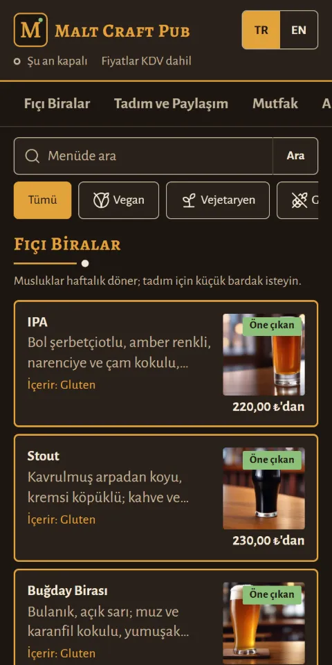 Malt Craft Pub menüsünün 390 px ekran görüntüsü