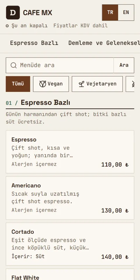 Cafe MX menüsünün 390 px ekran görüntüsü