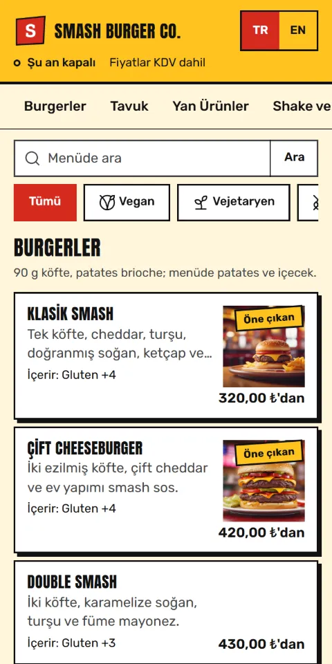 Smash Burger Co. menüsünün 390 px ekran görüntüsü