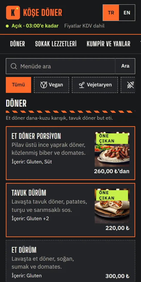 Köşe Döner menüsünün 390 px ekran görüntüsü