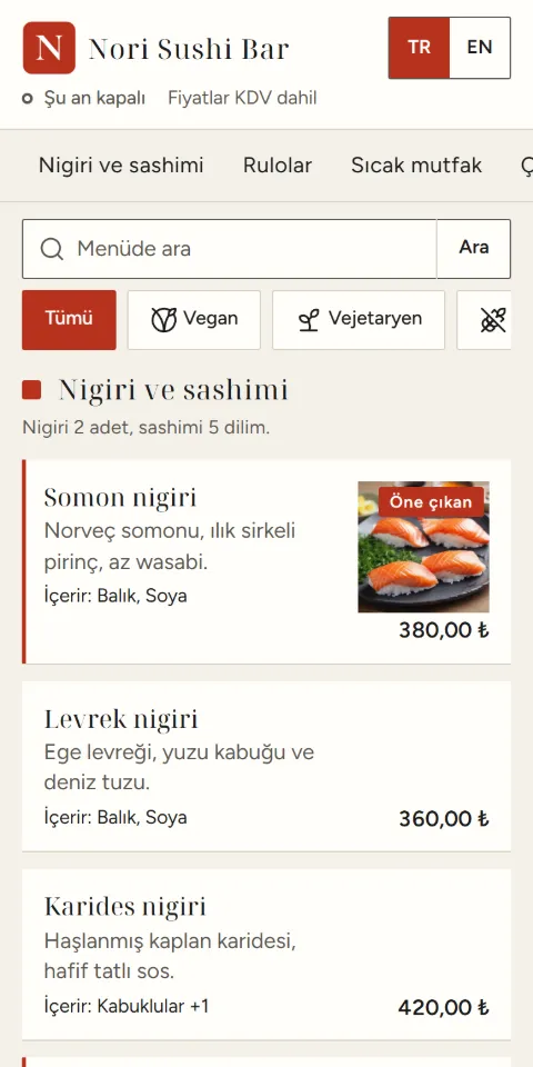 Nori Sushi Bar menüsünün 390 px ekran görüntüsü