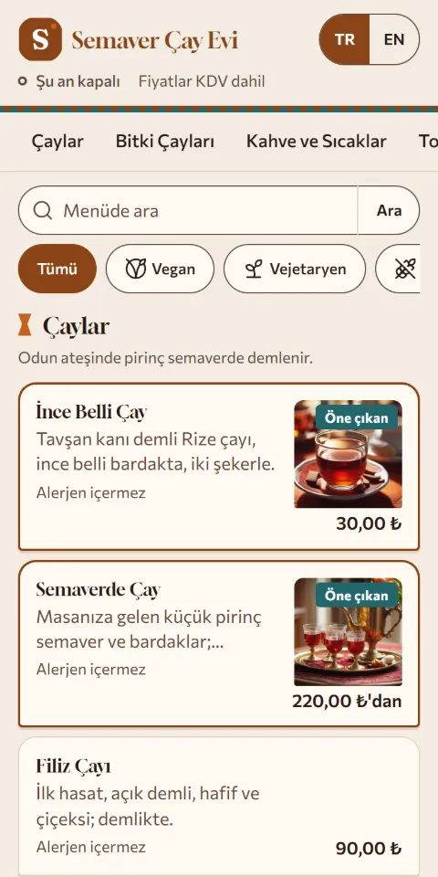 Semaver Çay Evi menüsünün 390 px ekran görüntüsü