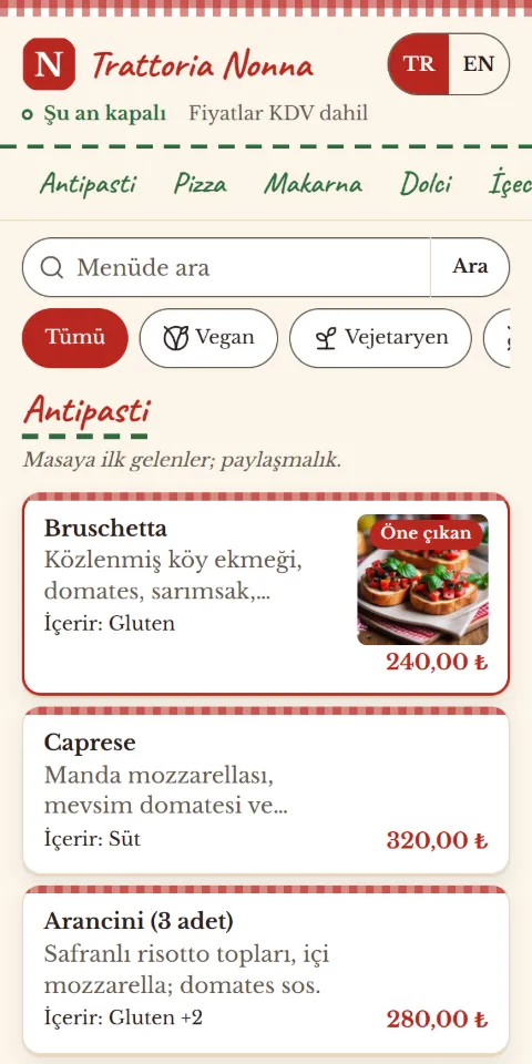 Trattoria Nonna menüsünün 390 px ekran görüntüsü